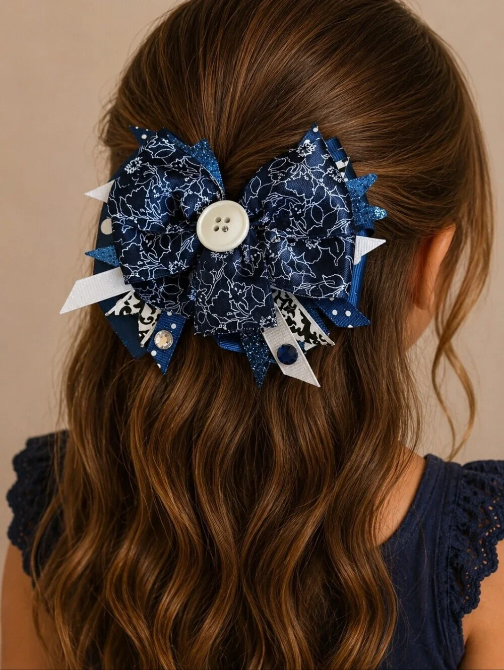 HANDMADE Blue Button Ribbon Coquette Hair Bow Clip